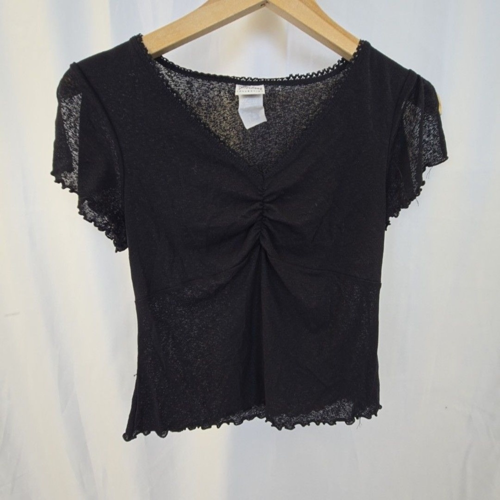 Giorgio Fiorlini Shirt Womens Large Black V Neck Flutter Sleeve Ruffle Sheer Top